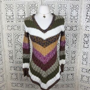 Vtg‎ Y2K Striped V Neck Asymmetric Sweater Sz XSmall Fitted Artsy Boho
